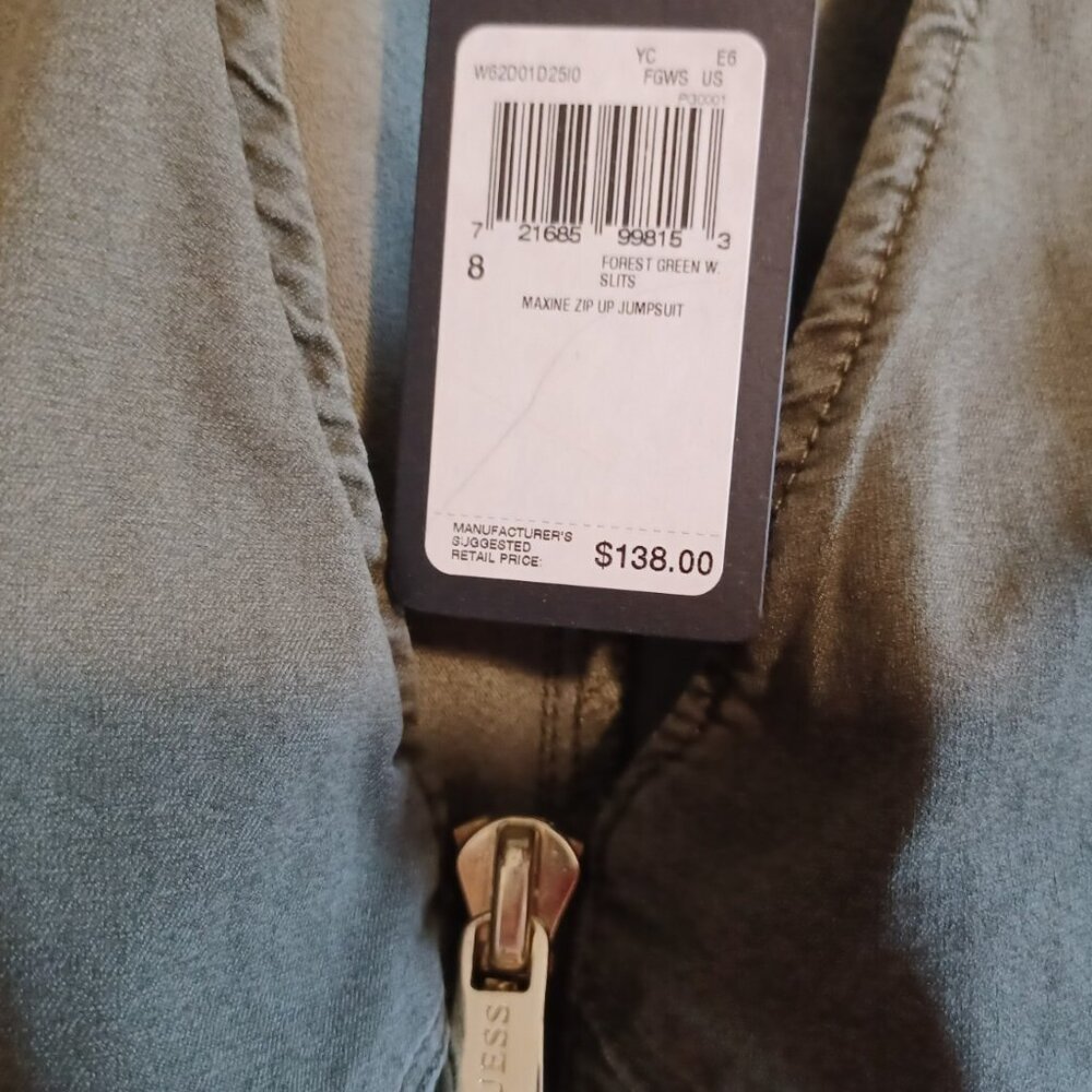 GUESS MAXINE ZIP-UP GREEN  WITH SLITS DENIM JUMPSUIT SIZE 8 - Picture 5 of 8